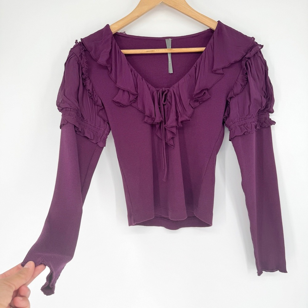 Anthropologie Ruffle Ribbed Top S Purple Long Sleeve Cotton Coquette Fairycore